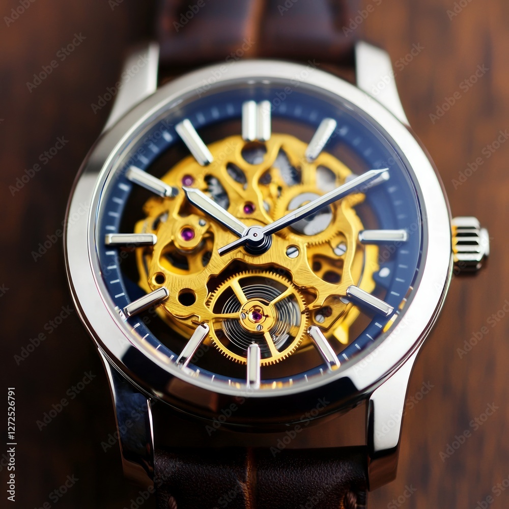 Fototapeta premium Elegant close-up of a mechanical watch showcasing intricate golden gears