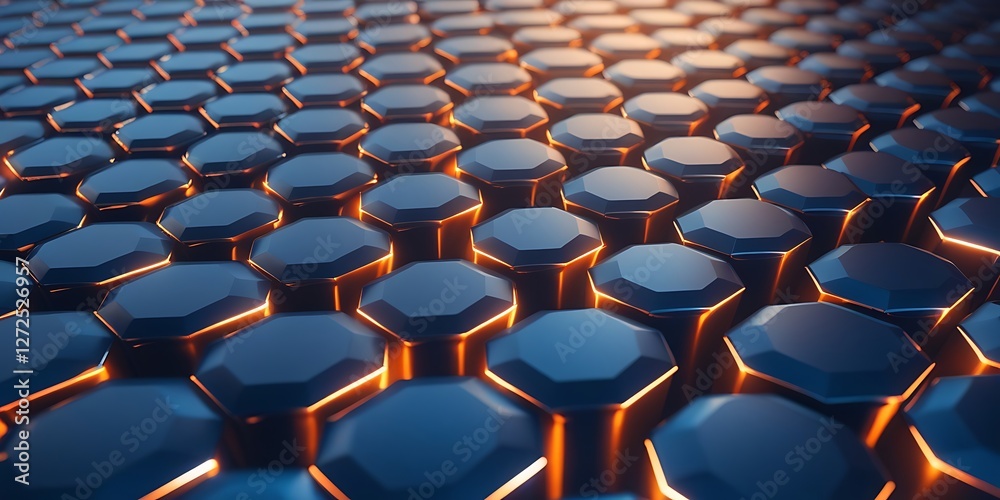 Obraz premium Futuristic hexagonal grid with glowing orange light, representing blockchain, technology, artificial intelligence, digital security, cyber innovation, and modern data network visualization.