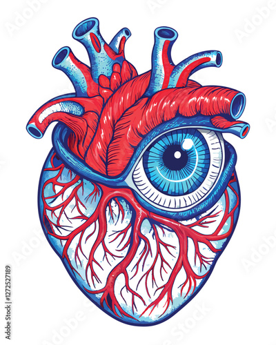 A realistic depiction of a human heart, anatomically correct, with a single, realistic eye embedded flawlessly in its center.