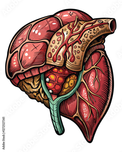 Generate a photorealistic 3D render of a human liver, showcasing its four lobes with intricate detail, realistic texture, and accurate anatomical proportions.