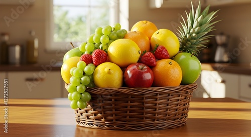 Colorful fruit basket on the table, filled with fresh, ripe fruits offering a vibrant display.