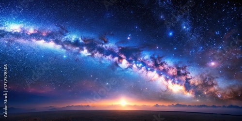 A Breathtaking Celestial Panorama Sunrise Over a Serene Landscape with a Vivid Milky Way Galaxy Displaying a Kaleidoscope of Stars and Cosmic Dust