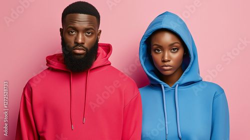 A striking studio portrait of a stylish Black couple wearing red and blue hoodies against a soft pink background. Perfect for apparel branding and fashion mockups.