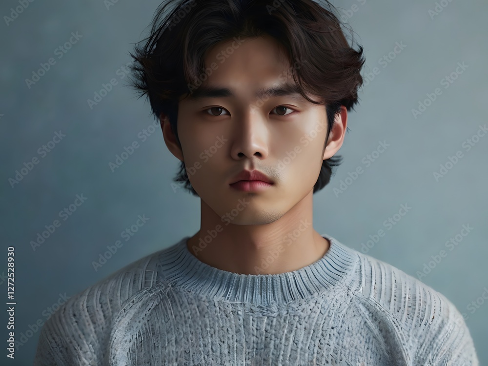Fototapeta premium Young Asian Man Portrait Serious Expression Grey Sweater