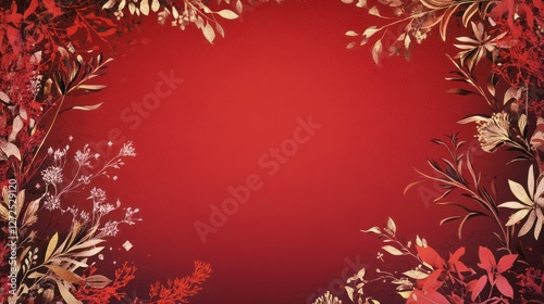 Red floral frame, autumn leaves, background, design template