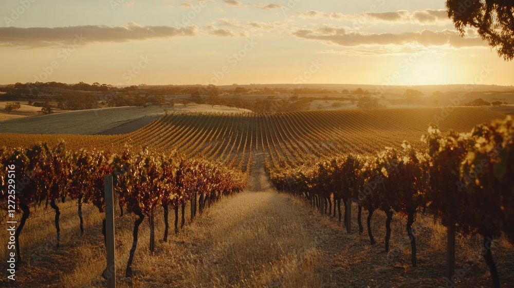 Fototapeta premium Golden Hour Vineyard Sunset Landscape Rows