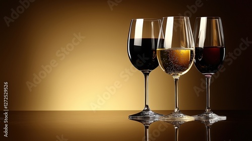 Elegant Display of Three Distinct Wine Glasses Against Gold Background