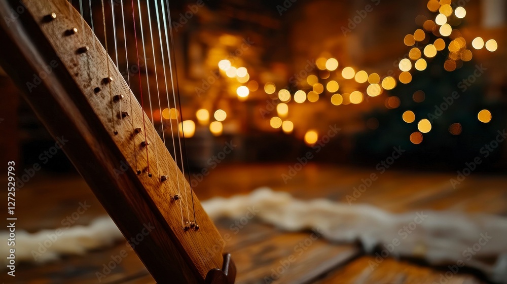 Obraz premium Wooden Harp Elegance in Festive Warmth Light Strings Musical Instrument Holiday Ambiance Decor
