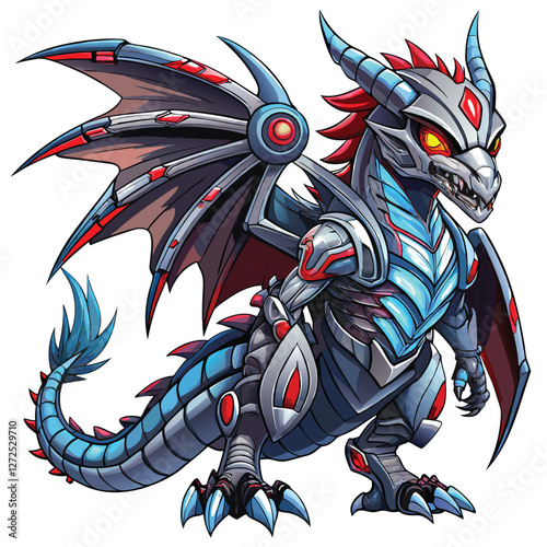 Render a hyperrealistic cybernetic dragon, intricate metallic scales gleaming, vibrant glowing red energy conduits coursing through its body.