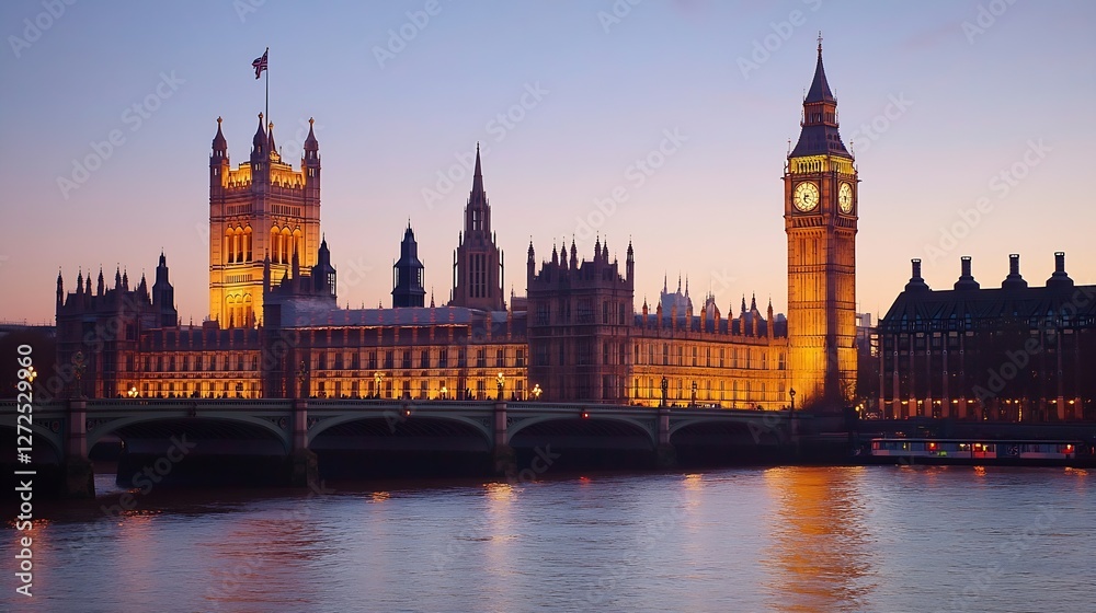 Fototapeta premium Iconic View of the Houses of Parliament and Big Ben at Twilight in London : Generative AI