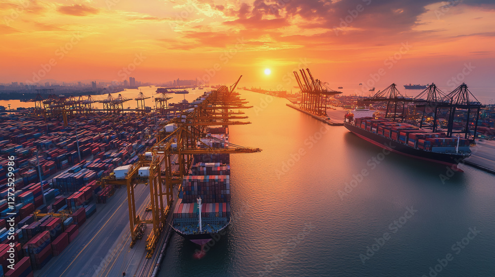 Naklejka premium Container truck in ship port for business Logistics and transportation of Container Cargo ship and Cargo plane with working crane bridge in shipyard at sunrise, logistic import export and transport