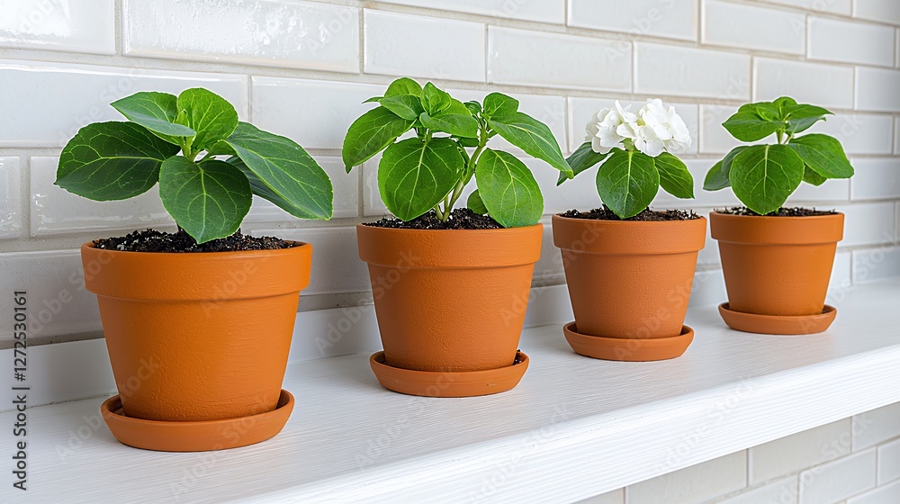 Four Potted Plants With Vibrant Green Leaves and White Flowers on White Shelf Against Tiled Background Four Potted Plants With Vibrant Green Leaves and White Flowers on White Shelf Against Tiled Background