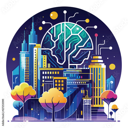 Futuristic cityscape dominated by AI, glowing neural network pathways illuminating skyscrapers; advanced technology integration.
