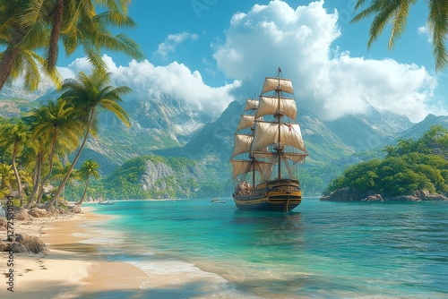 Pirate Ship with Sails on a Tropical Beach, Surrounded by Palm Trees and Mountains. Vintage Sailing Vessel Concept in a Serene Sea Setting.