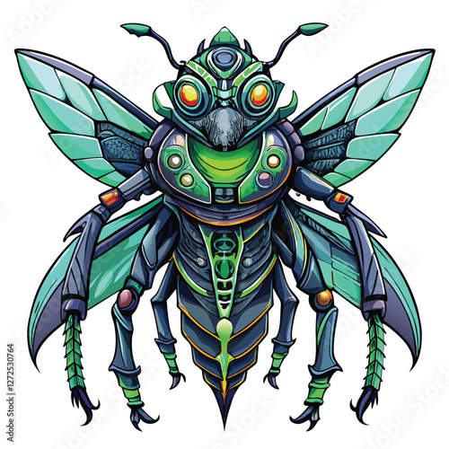 A highly detailed image of an AI-controlled cybernetic insect, featuring intricate mechanical components and glowing red eyes, set against a dark futuristic backdrop.