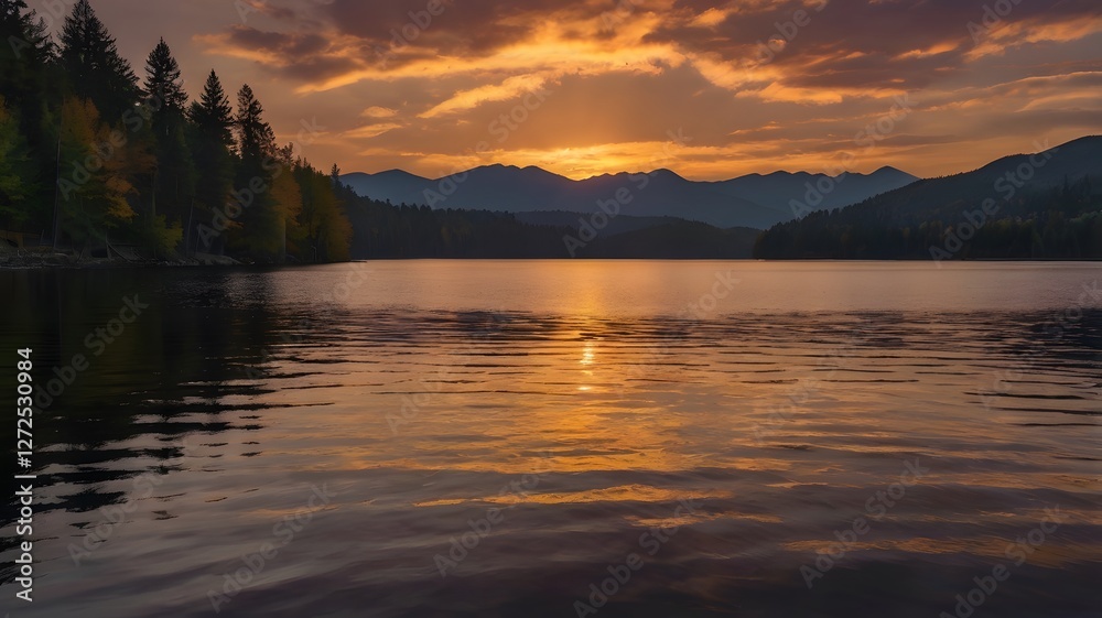 Golden Sunset over Mountain Lake and Forest Golden Sunset over Mountain Lake and Forest