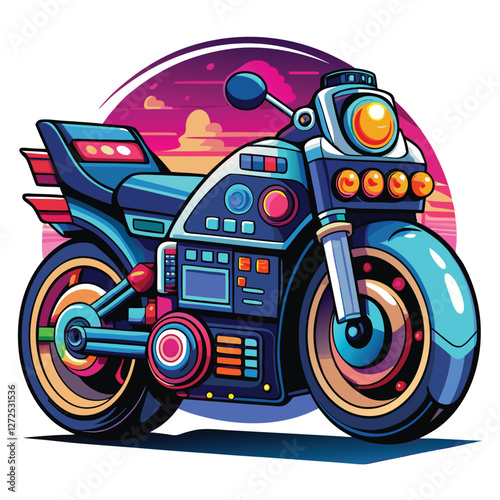 A sleek, AI-controlled futuristic motorcycle, hovering slightly above the ground, displays a vibrant holographic interface showcasing speed and route data.