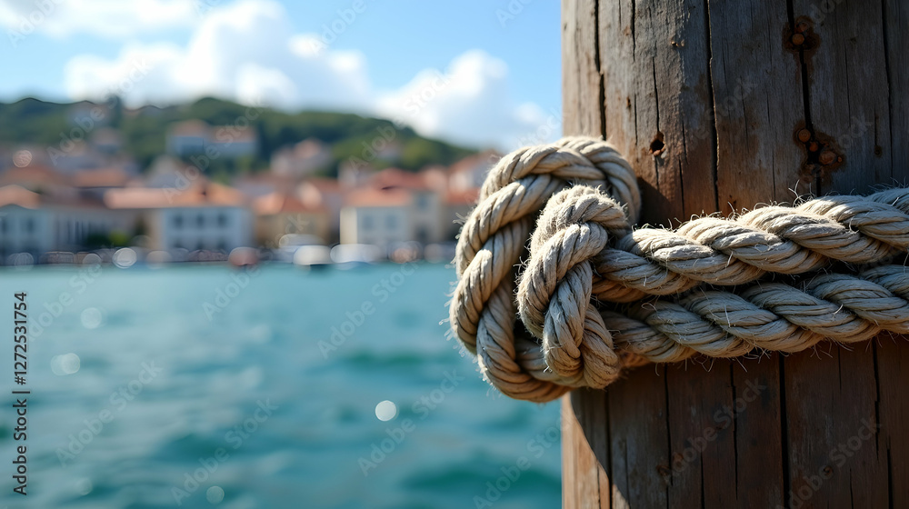 Fototapeta premium Thick rope tightly knotted around weathered wood post; a blurred coastal town and sea in background.