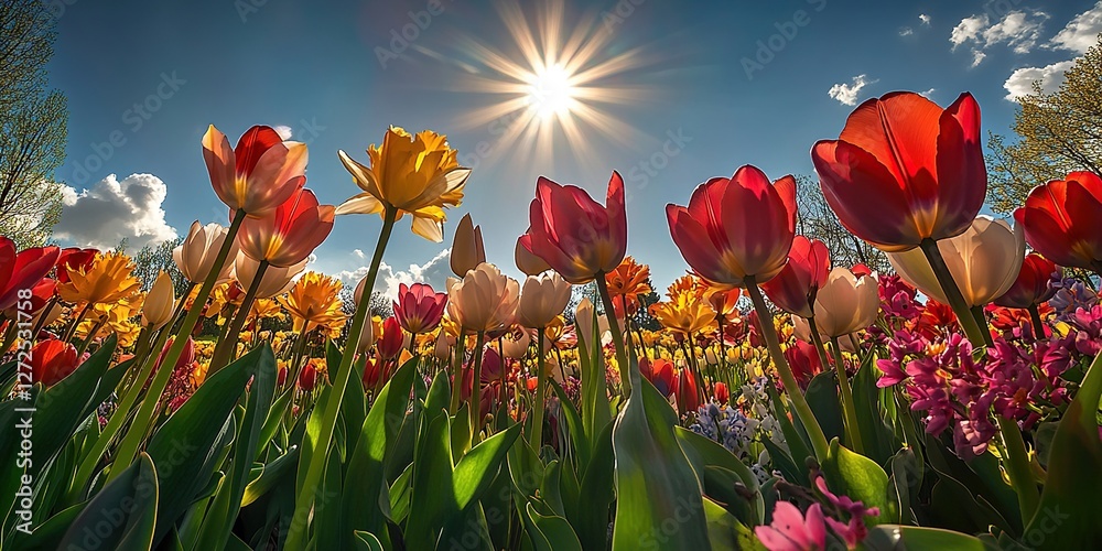 Fototapeta premium Vibrant Tulips and Daffodils Bask in Sunny Spring Day's Radiant Light, Blooming Beautifully Outdoors