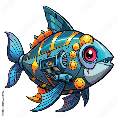 A futuristic, AI-controlled robotic fish with a vibrant, glowing internal core, swimming in dark, bioluminescent water.