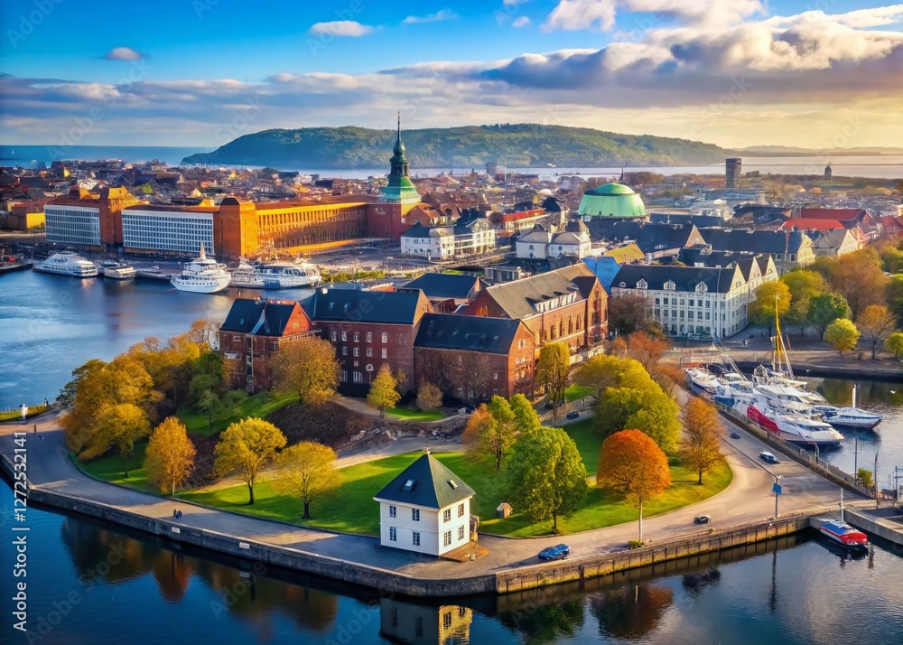 Obraz premium Oslo Fjord Spring Panorama: Aker Brygge, Filipstad, Akershus Fortress & Bjorvika Aerial View