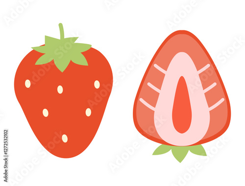 シンプルな苺といちごの断面のイラストのセット