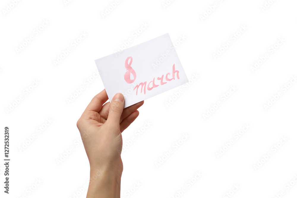 PNG, March 8. Greeting card with greeting in hands, isolated on white background. PNG, March 8. Greeting card with greeting in hands, isolated on white background.