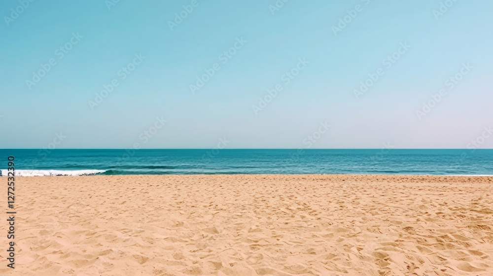 Obraz premium Empty sandy beach meets calm ocean blue sky