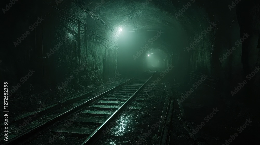 Fototapeta premium Dark, eerie train tunnel with tracks. Ideal for suspense, horror, or mystery projects.
