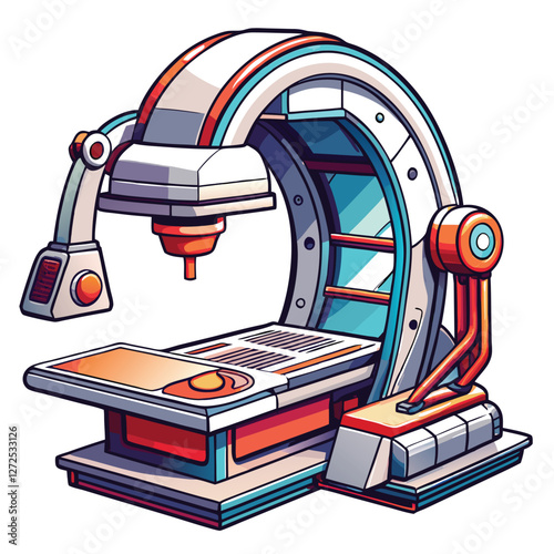 Futuristic AI-powered medical scanner with a precision robotic arm performing a non-invasive scan.  High-tech medical imaging technology.