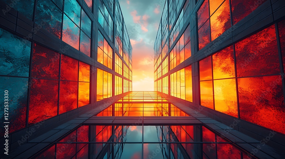 Cityscape sunset reflection, vibrant windows, modern architecture, business district, urban landscape Cityscape sunset reflection, vibrant windows, modern architecture, business district, urban landscape
