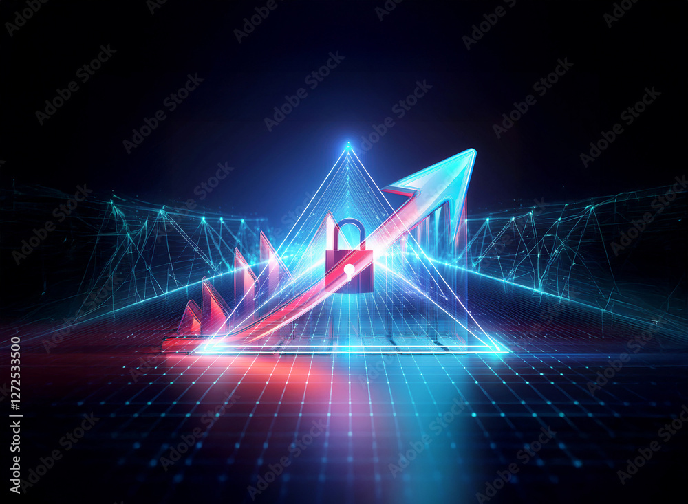 Neon padlock in triangle with arrow, illuminated on a grid, suggesting digital security and futuristic technology concept. Neon padlock in triangle with arrow, illuminated on a grid, suggesting digital security and futuristic technology concept.