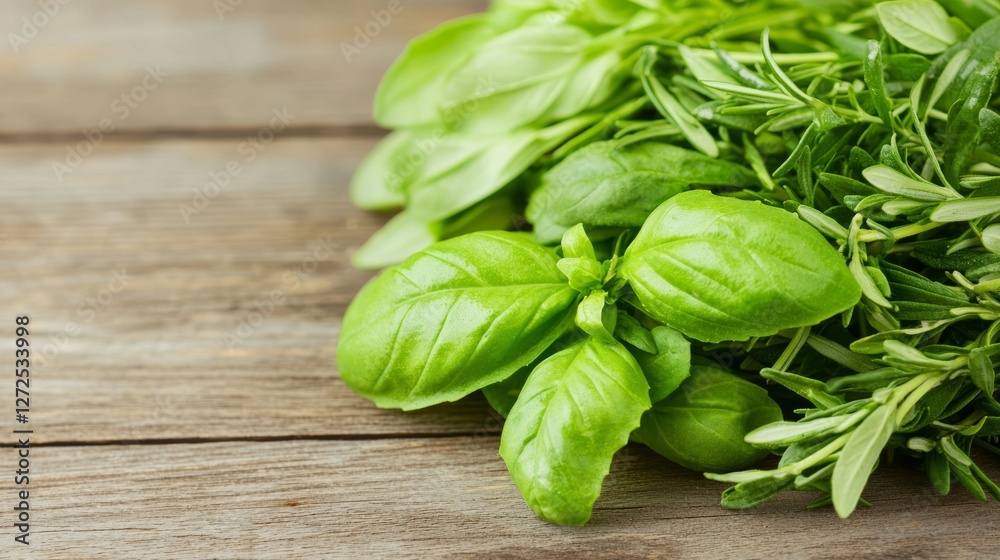 Fresh assortment of green herbs on wooden surface, showcasing basil and rosemary Fresh assortment of green herbs on wooden surface, showcasing basil and rosemary