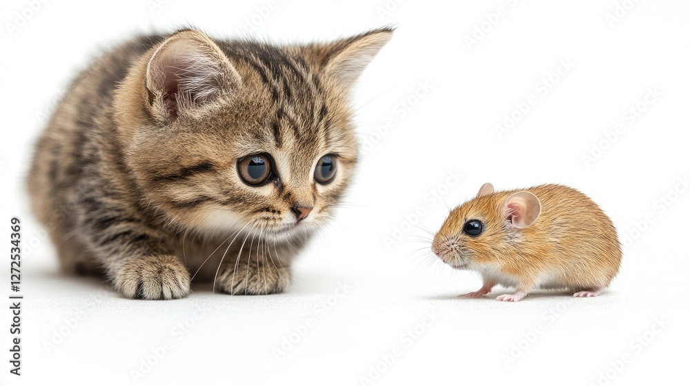 Kitten staring at mouse, white background, studio shot, pet theme Kitten staring at mouse, white background, studio shot, pet theme