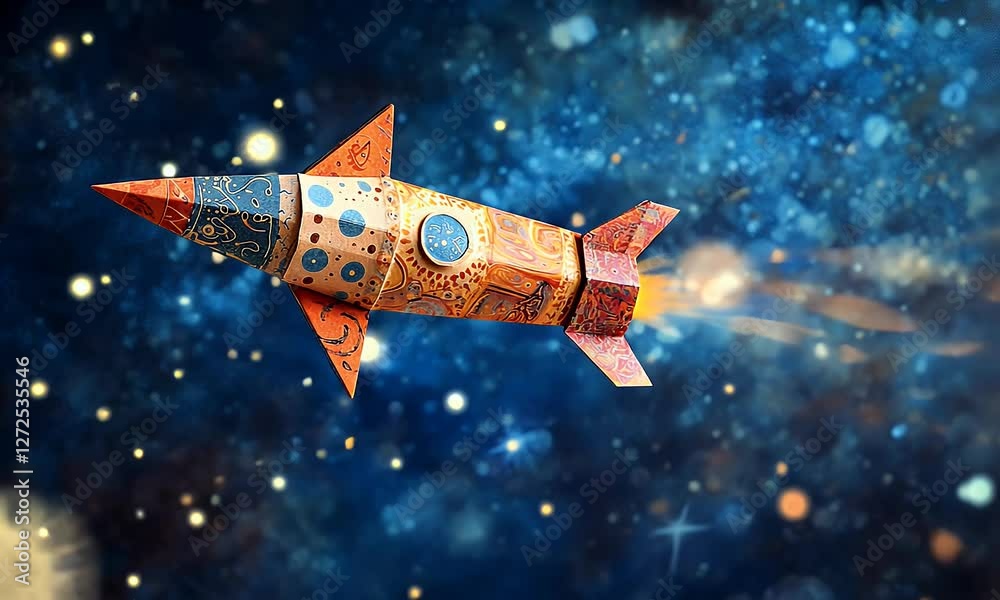 Colorful paper rocket soaring through a starry space background, symbolizing creativity and adventure