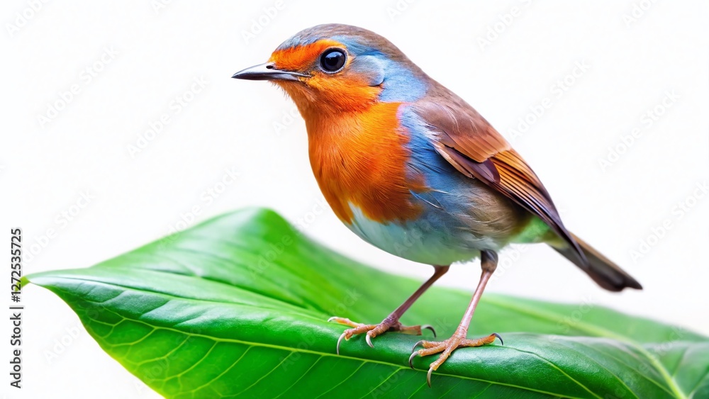 Fototapeta premium Panoramic Bird on Leaf: White Background Stock Photo