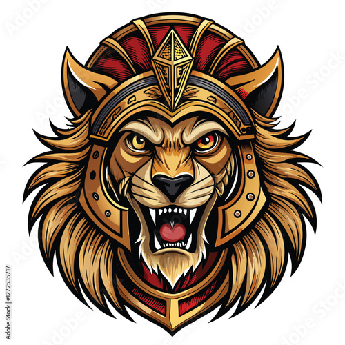 A majestic lion's head wearing a weathered, ancient Greek warrior helmet, hand-drawn in intricate detail, showcasing powerful musculature and fierce expression.