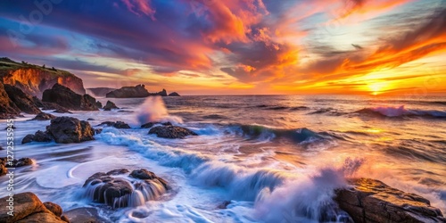 Fiery Sunset Embraces the Dramatic Ocean Waves Crashing Against Rugged Coastline Rocks
