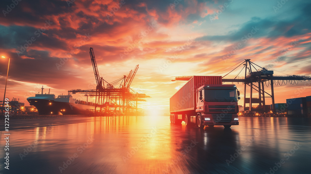 Obraz premium Container truck in ship port for business Logistics and transportation of Container Cargo ship and Cargo plane with working crane bridge in shipyard at sunrise, logistic import export and transport