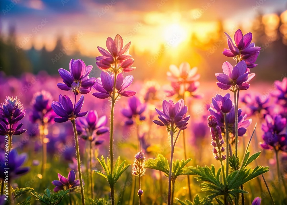 Obraz premium Panoramic Close-up of Delicate Purple Wildflowers Bathed in Sunlight