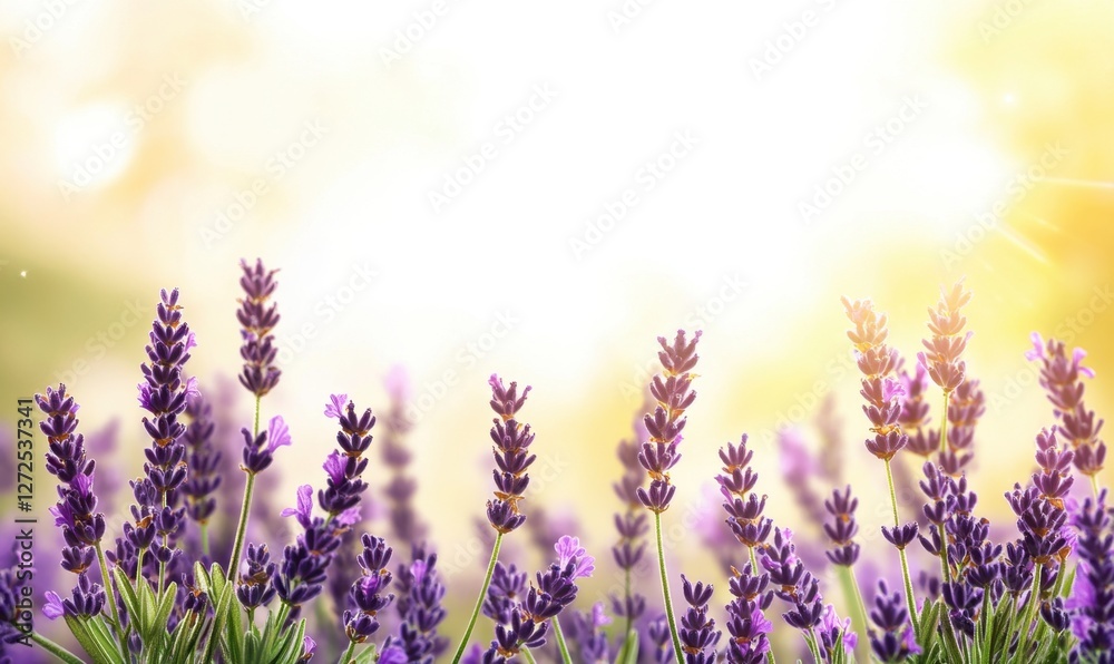 Naklejka premium Vibrant lavender field under a bright sun, creating a serene and calming atmosphere