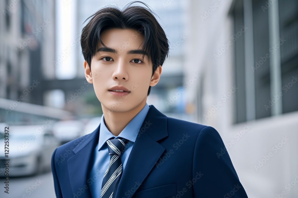 arafed asian man in a blue suit and tie standing in a city arafed asian man in a blue suit and tie standing in a city