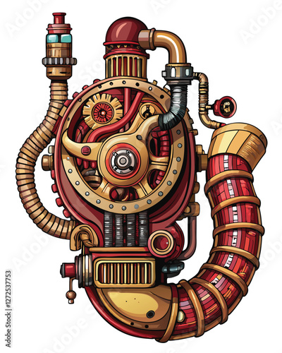 A highly detailed illustration of a steampunk-style mechanical stomach, showcasing intricate cogs, pistons, fuel pipes, and internal workings.