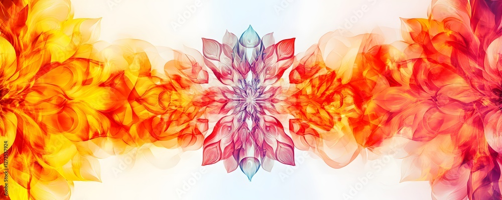 Abstract floral composition featuring symmetrical arrangement with warm and cool tones Abstract floral composition featuring symmetrical arrangement with warm and cool tones