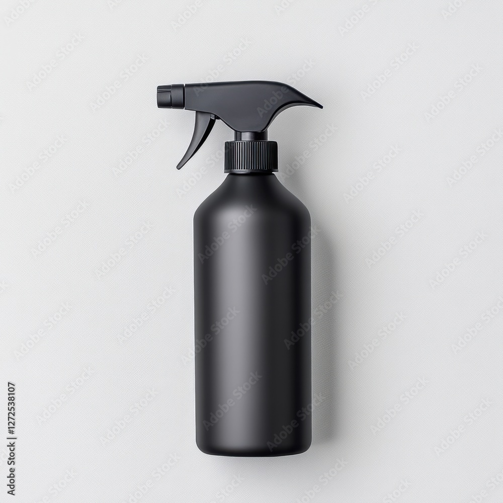 Black Spray Bottle with Trigger Nozzle on Light Gray Background for Cleaning and Household Use Black Spray Bottle with Trigger Nozzle on Light Gray Background for Cleaning and Household Use