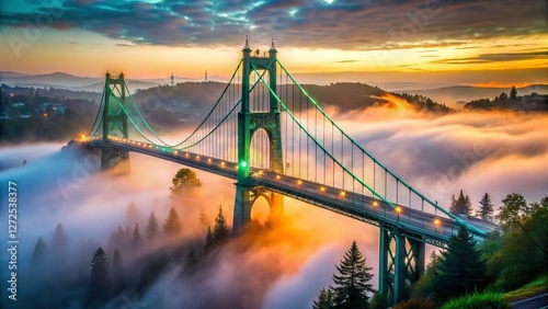 Panoramic Foggy View of St. Johns Bridge, Portland, Oregon photo