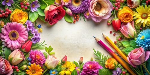 Panoramic Floral Frame with Vibrant Flower Bouquet & Sketch Detail