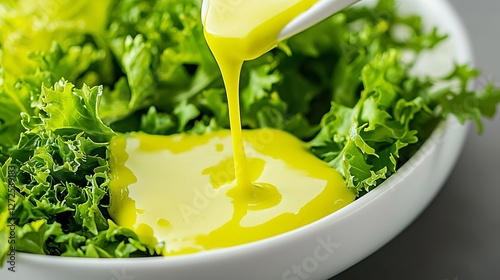 Fresh green salad being drizzled with vibrant yellow dressing in a bowl