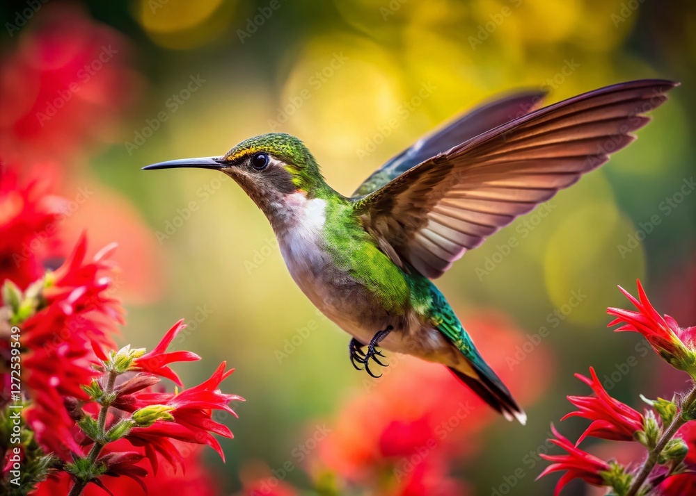Fototapeta premium Panoramic Hummingbird in Flight Near Red Flower - Vibrant Nature Photography