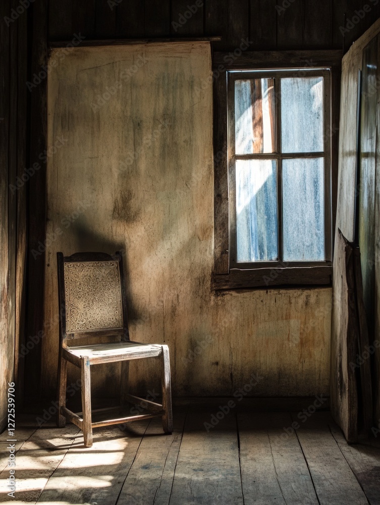 Fototapeta premium Rustic Wooden Chair in a Dimly Lit Aged Room